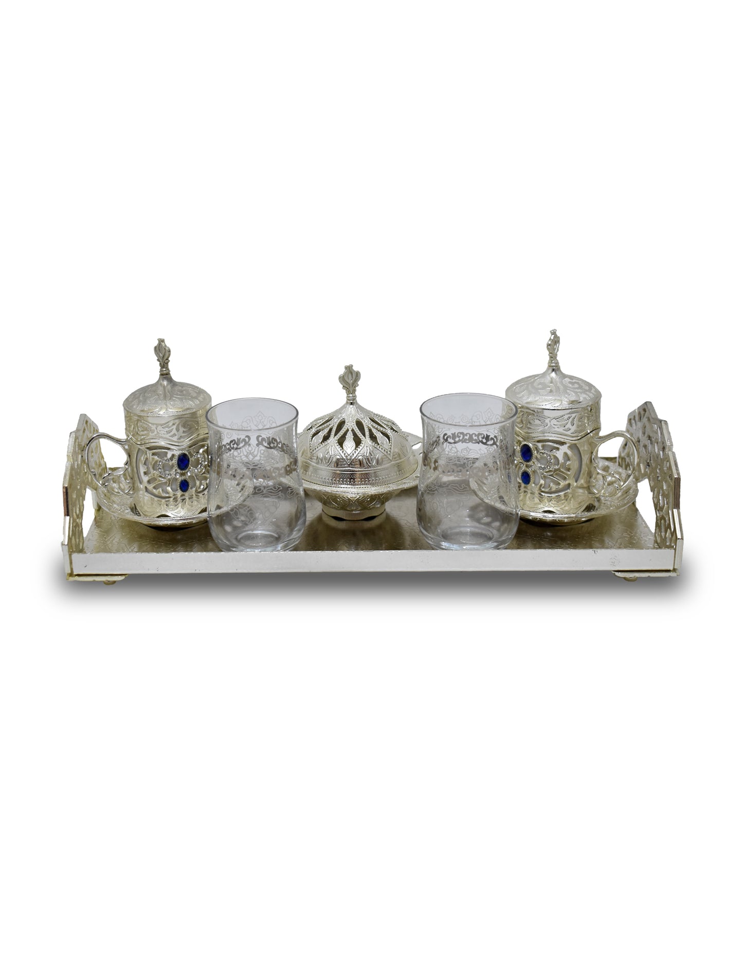 Front View of Ornamented Silver Color Turkish Coffee Set with sugar bowl and glasses