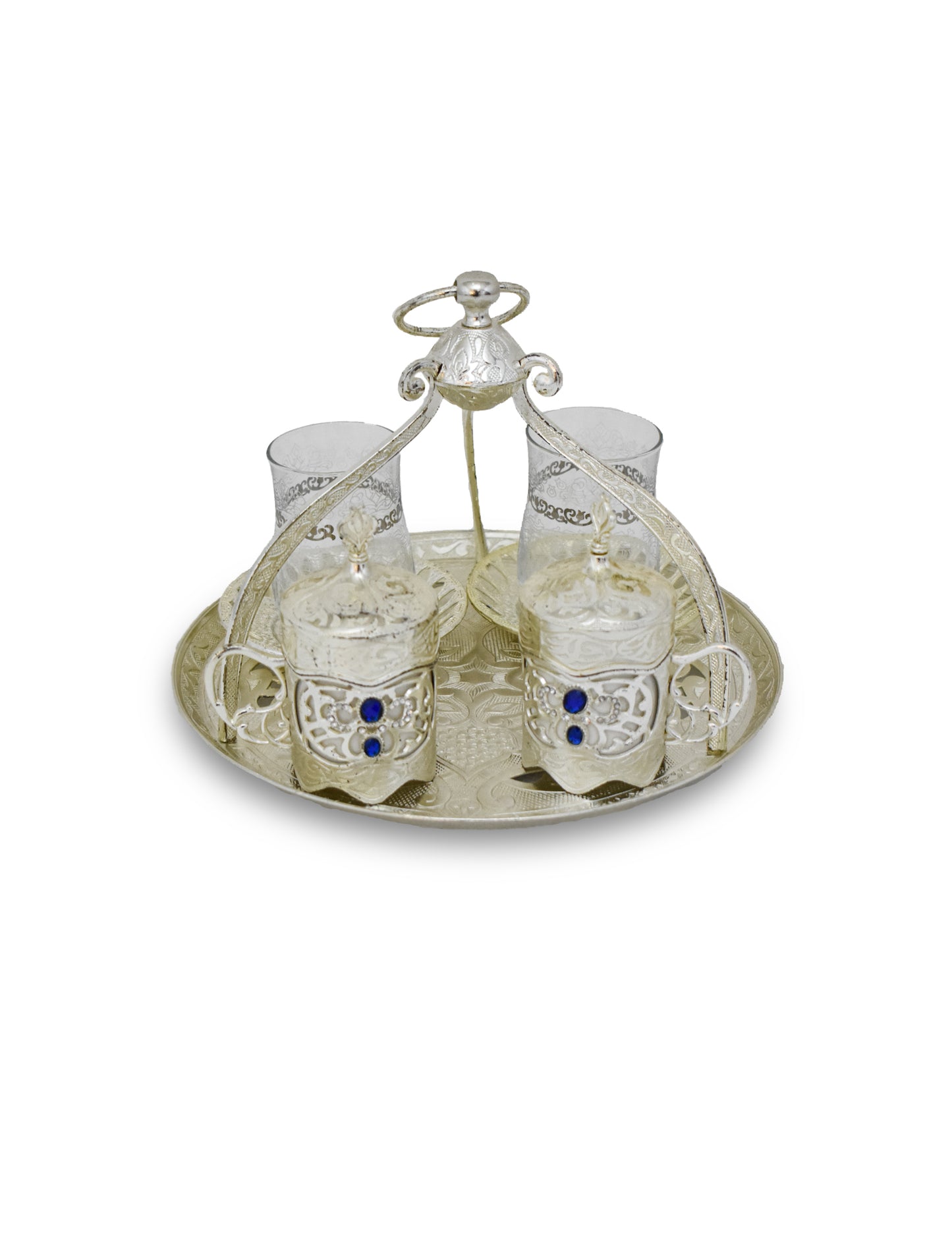 Gold-plated 5-piece Turkish coffee glass set. Angled view of a pair of glasses, cup and saucer, and serving tray.