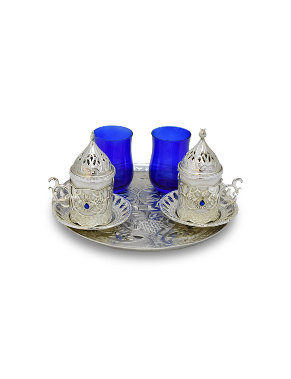Front View of Porcelain Coffee Cup Set with Two Blue Color Glasses