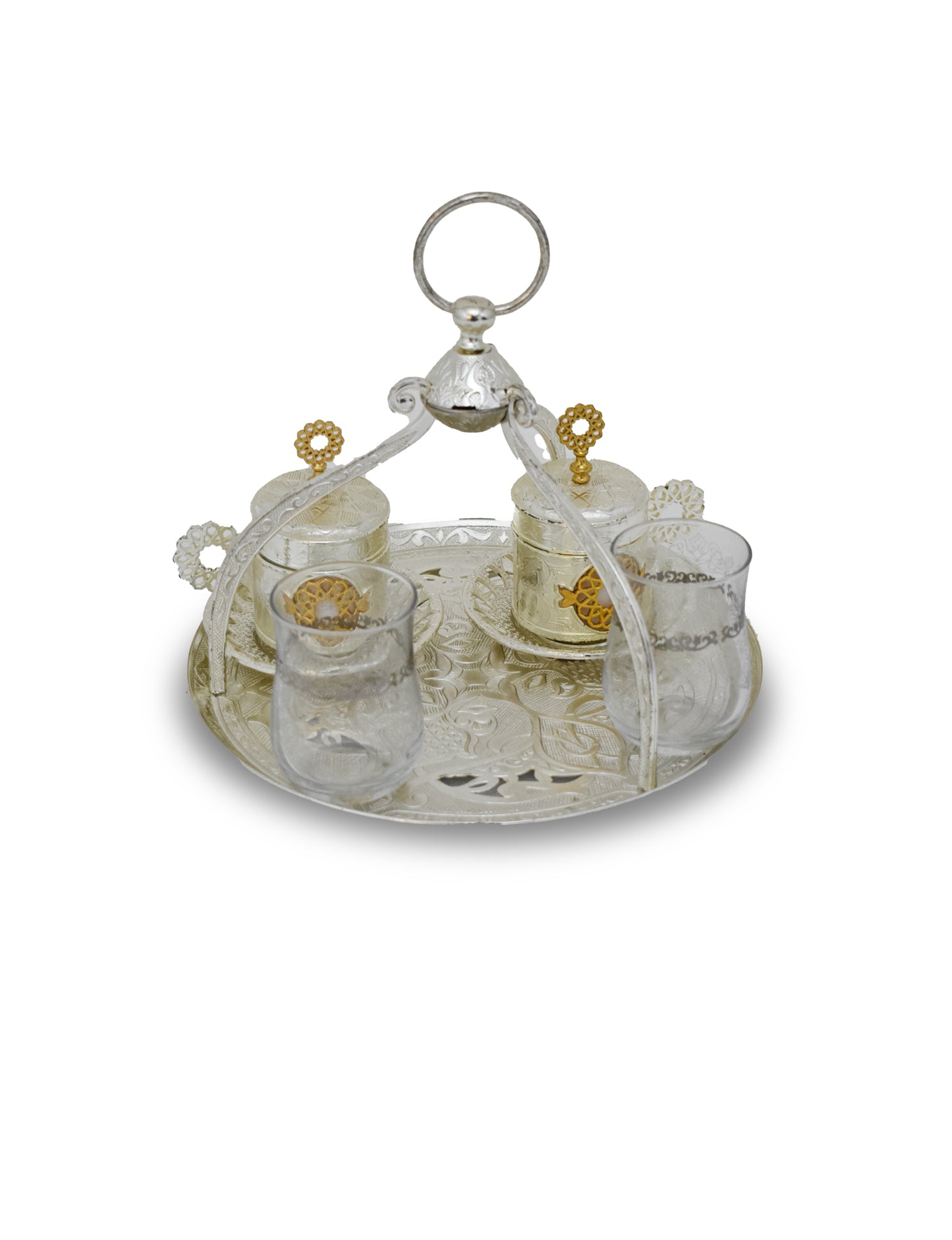 Angled front view of silver plated 5-piece Turkish Coffee Set with pair of glasses, cup & saucer and a serving tray