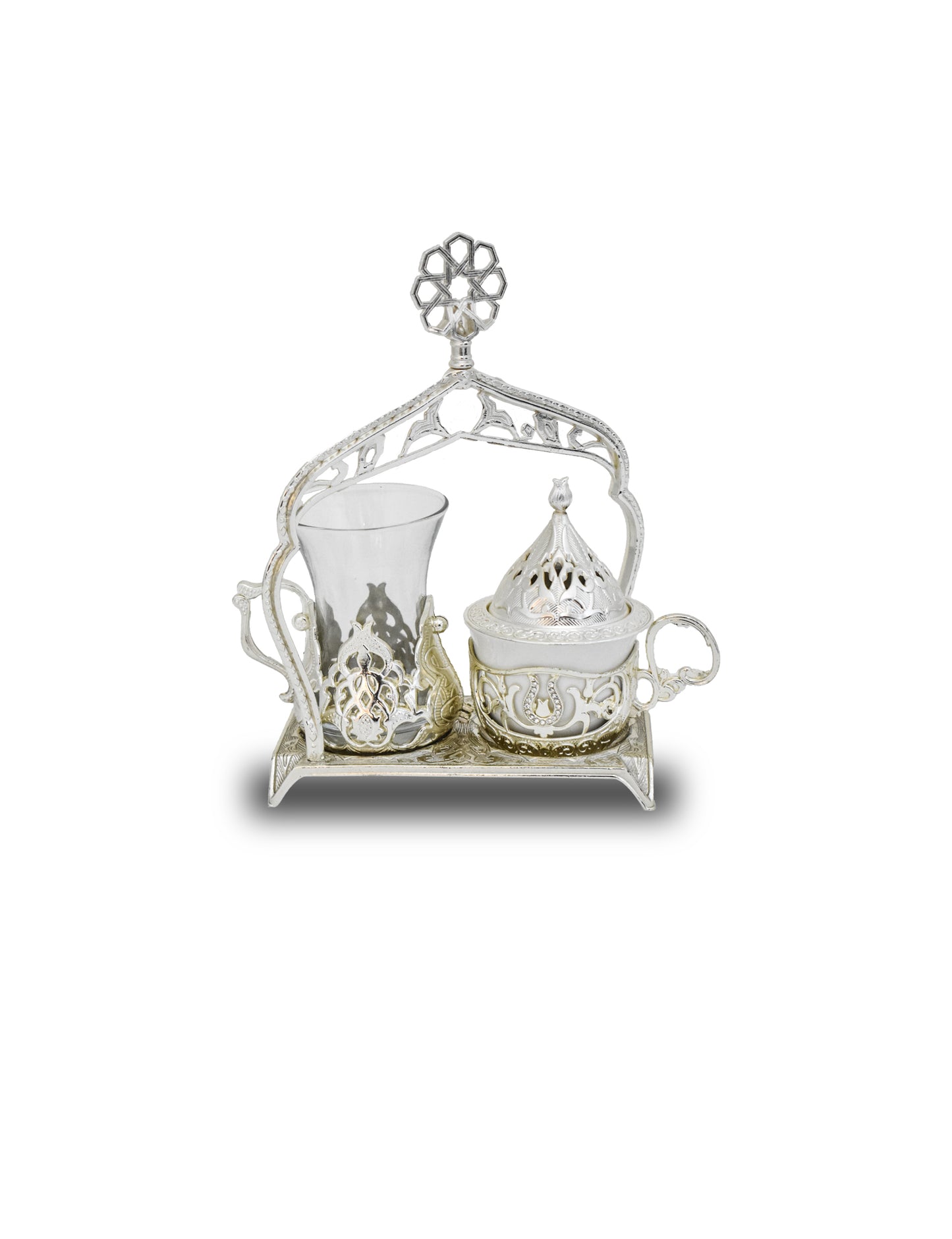 3-Piece Silver Plated Turkish Coffee Set with Elegant Brass Cutworks in Traditional Arabic Designs