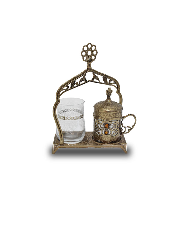 3-Piece Bronze metal Ottoman Turkish Coffee Set with Elegant Brass Cutworks in Traditional Arabic Designs