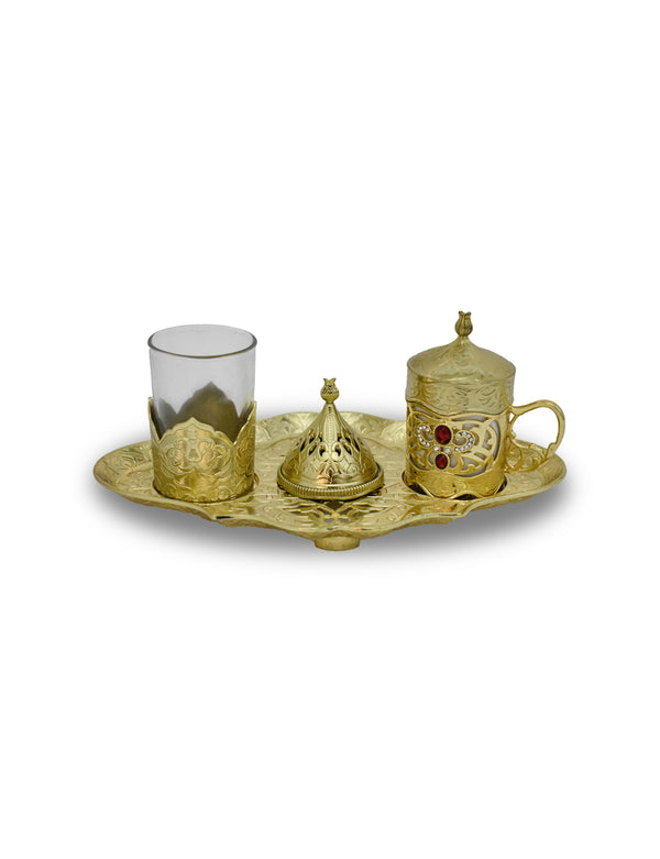 Front Angled View of Handcrafted Turkish Design 4-piece Brass Coffee Set with red spots