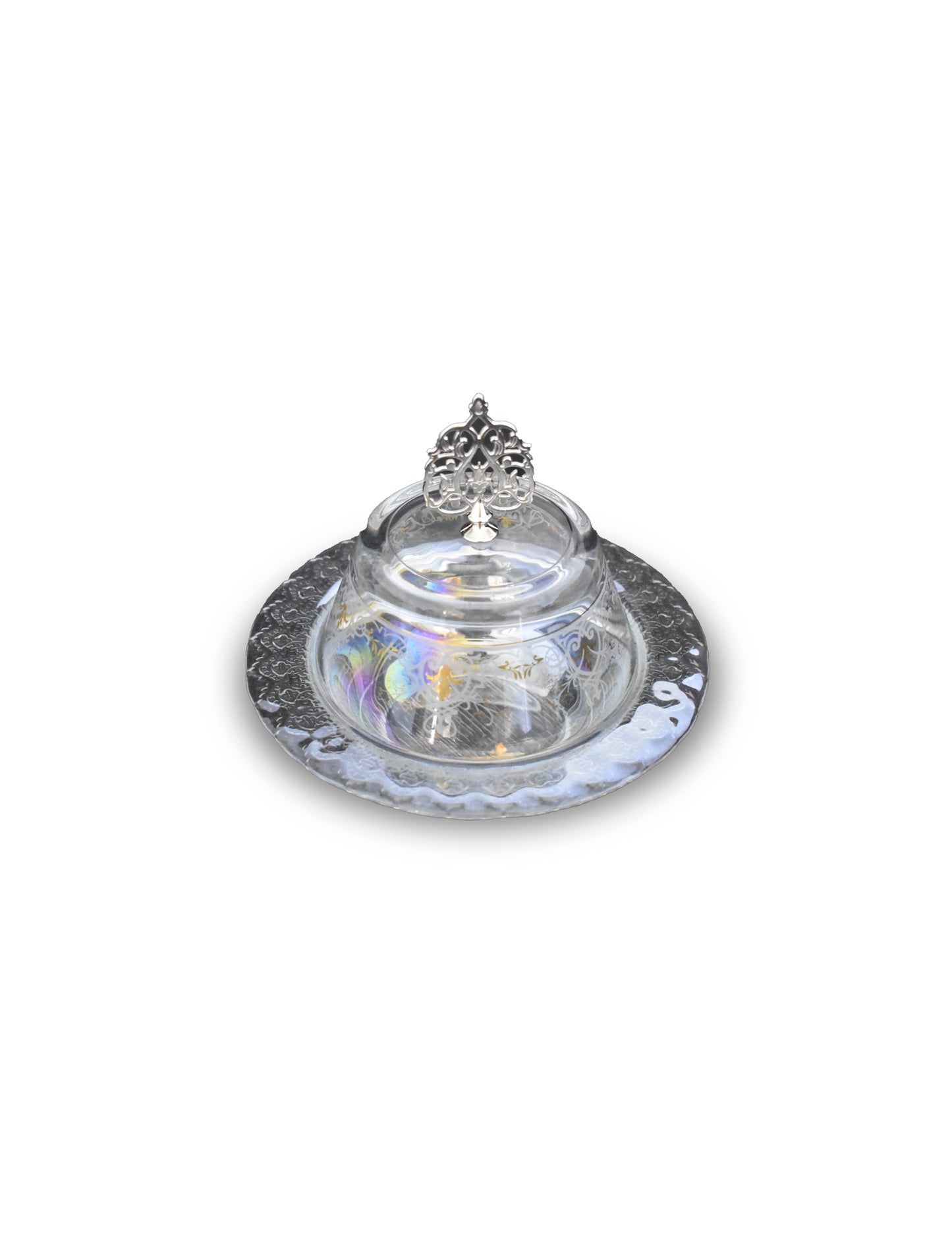 Angled Front View Image of Turkish Glass Tagine / Tajin with oriental Designs