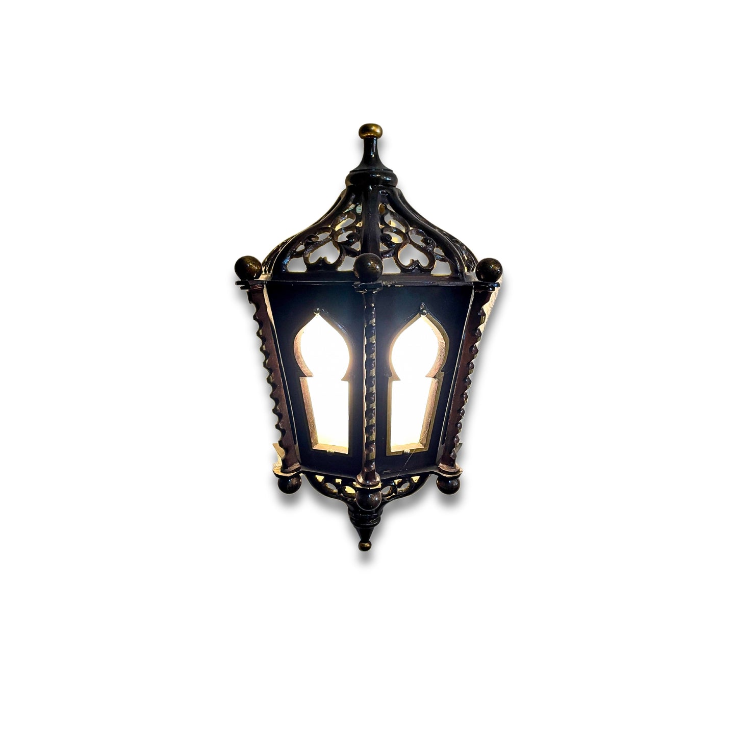 Front View of Syrian Accent Pillared Wall Light With Bulbs On