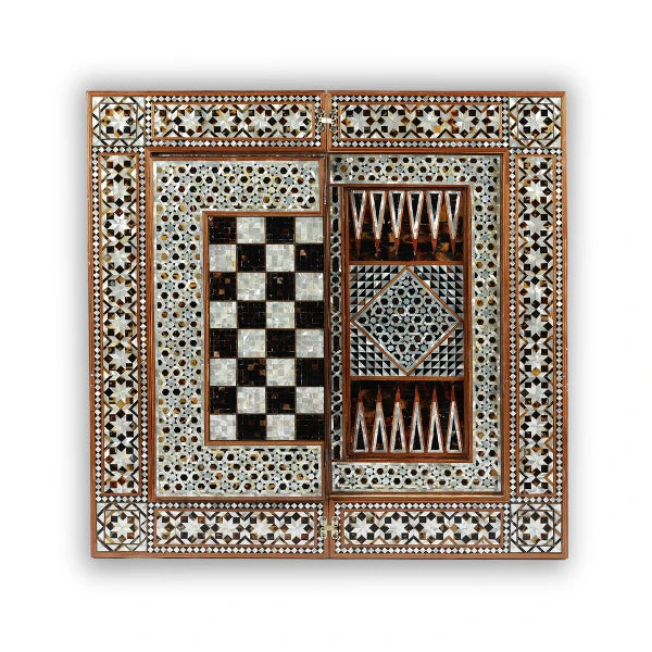Table Top View of Mother of Pearl Inlaid Multi Game Table with Chess Board & Backgammon Board