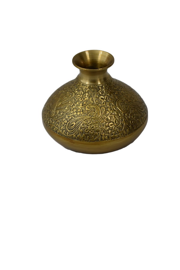 Engraved Brass Small Pot - Decorative Round Vessel