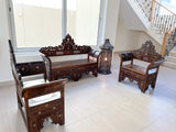 Antique 3-Piece Syrian Mother of Pearl Inlaid Brown Wooden Bench Set