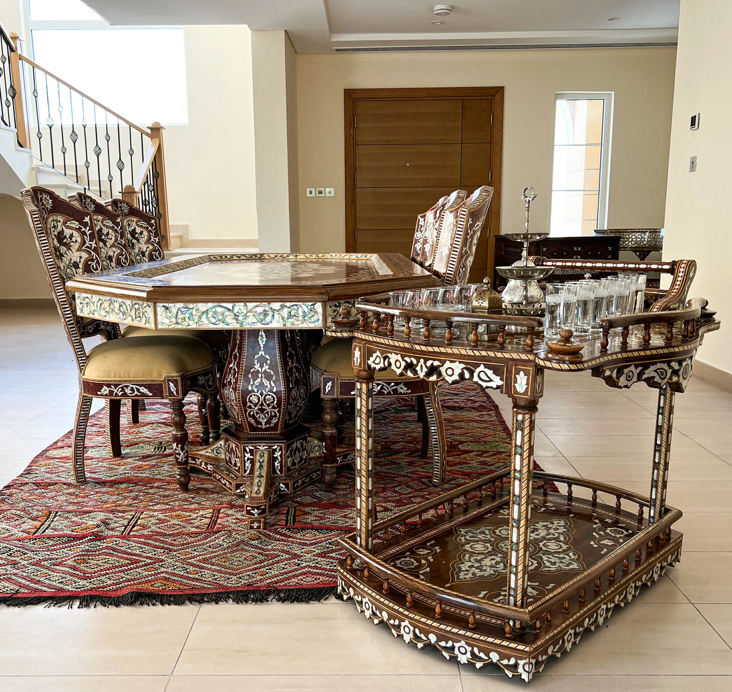 Traditional Mother of Pearl Inlaid Dining Table Set