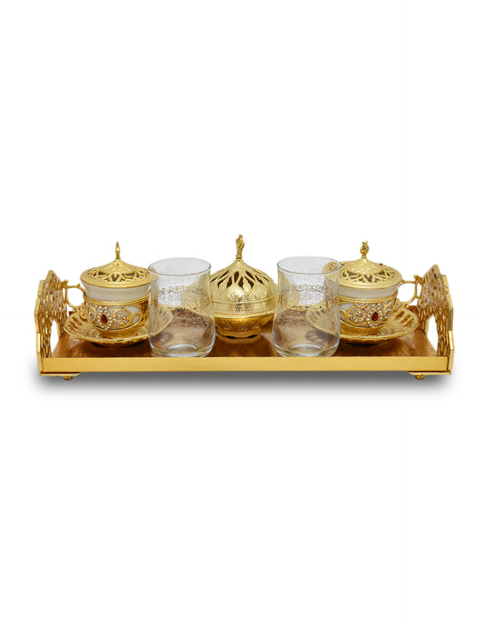 Front View of Gold Colored turkish coffee cup set with sugar bowl, two glasses and a serving tray