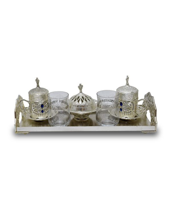 Front View of Ornamented Silver Color Turkish Coffee Set with sugar bowl and glasses 