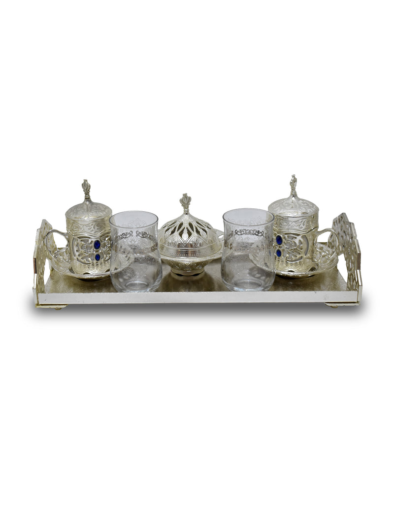 Front View of Ornamented Silver Color Turkish Coffee Set with sugar bowl and glasses 