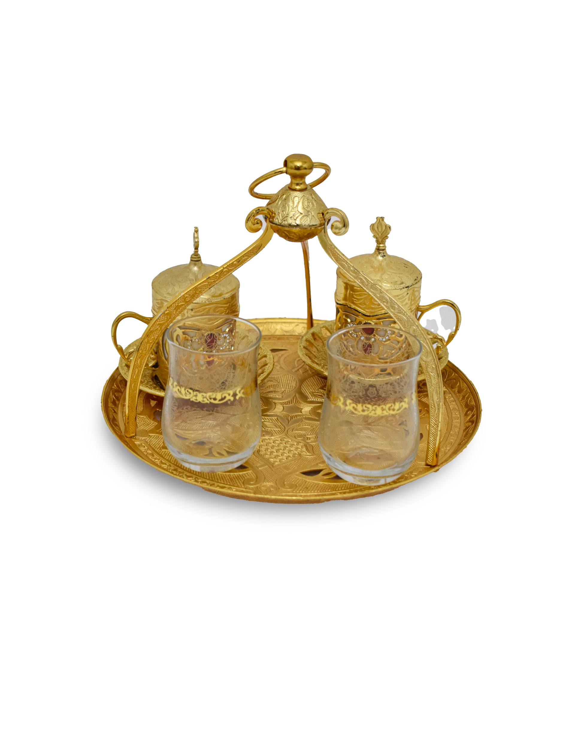 Angled front view of gold-plated 5-piece Turkish Coffee Set with pair of glasses, cup & saucer and a serving tray