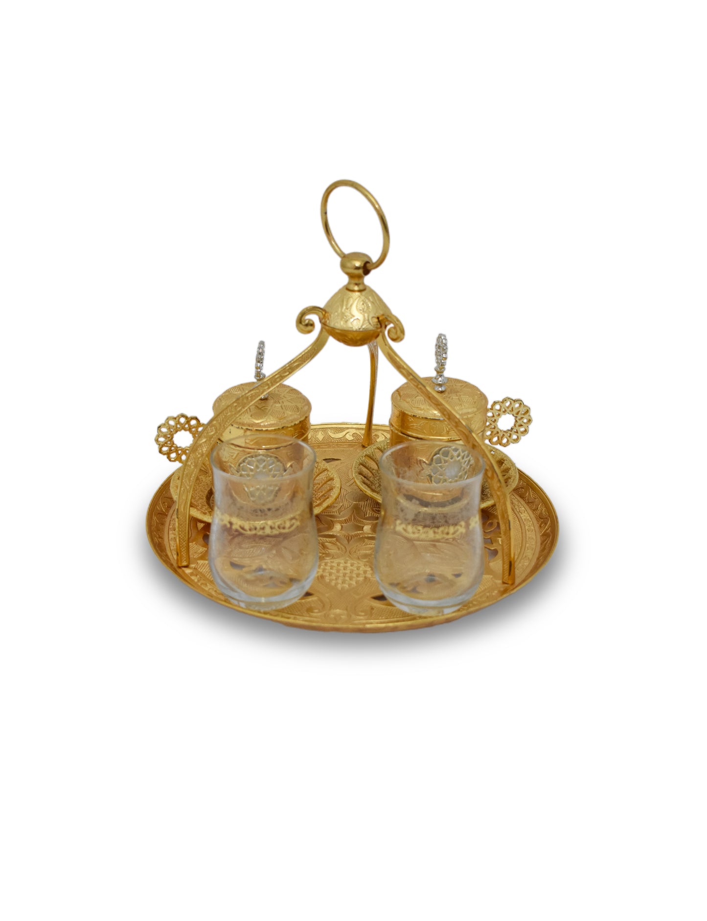 Angled front view of gold-plated Handmade 5-piece Turkish Coffee Set with pair of porcelian glasses, cup & saucer and a serving tray