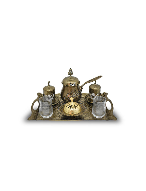 Front Angled View of Antique Arabic Bronze Coffee Set - 8 Pieces showcasing two glasses, dates bowl, two cups & a coffee brewer