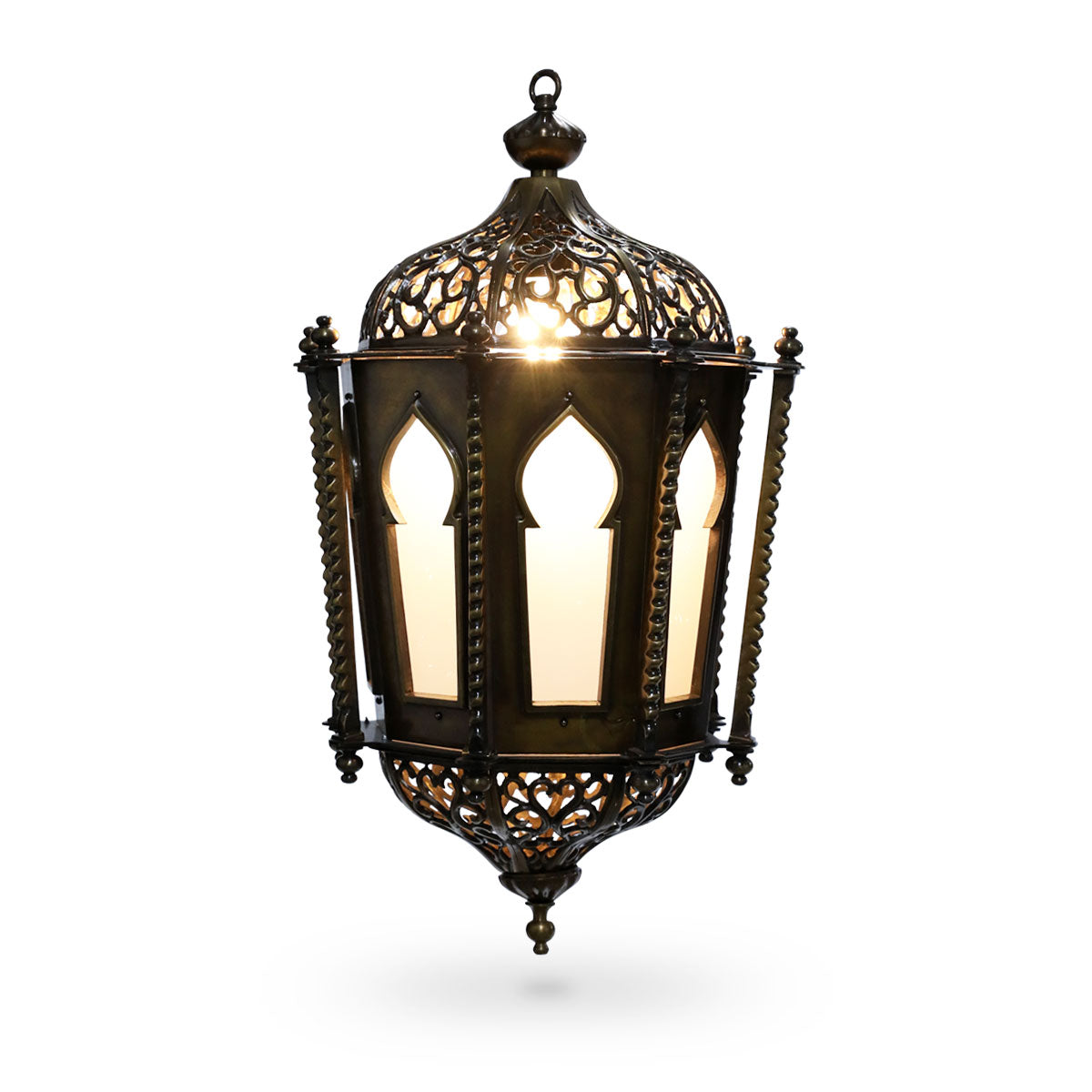 Front View of Syrian Accent Pillared Pendant Light with Bulbs On