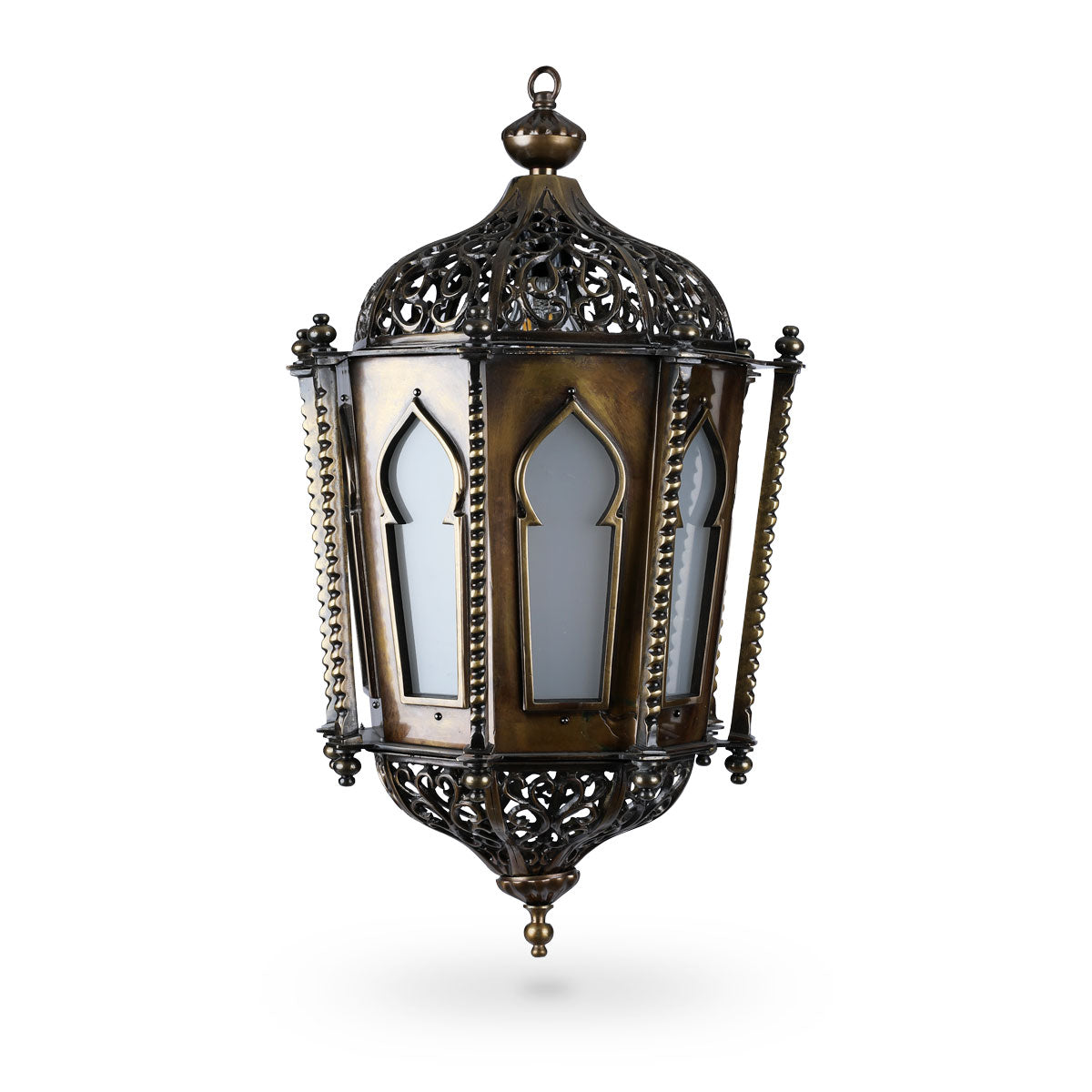 Front View of Syrian Accent Pillared Pendant Light Showcasing Open Arch Cutwork & Brass Metalwork