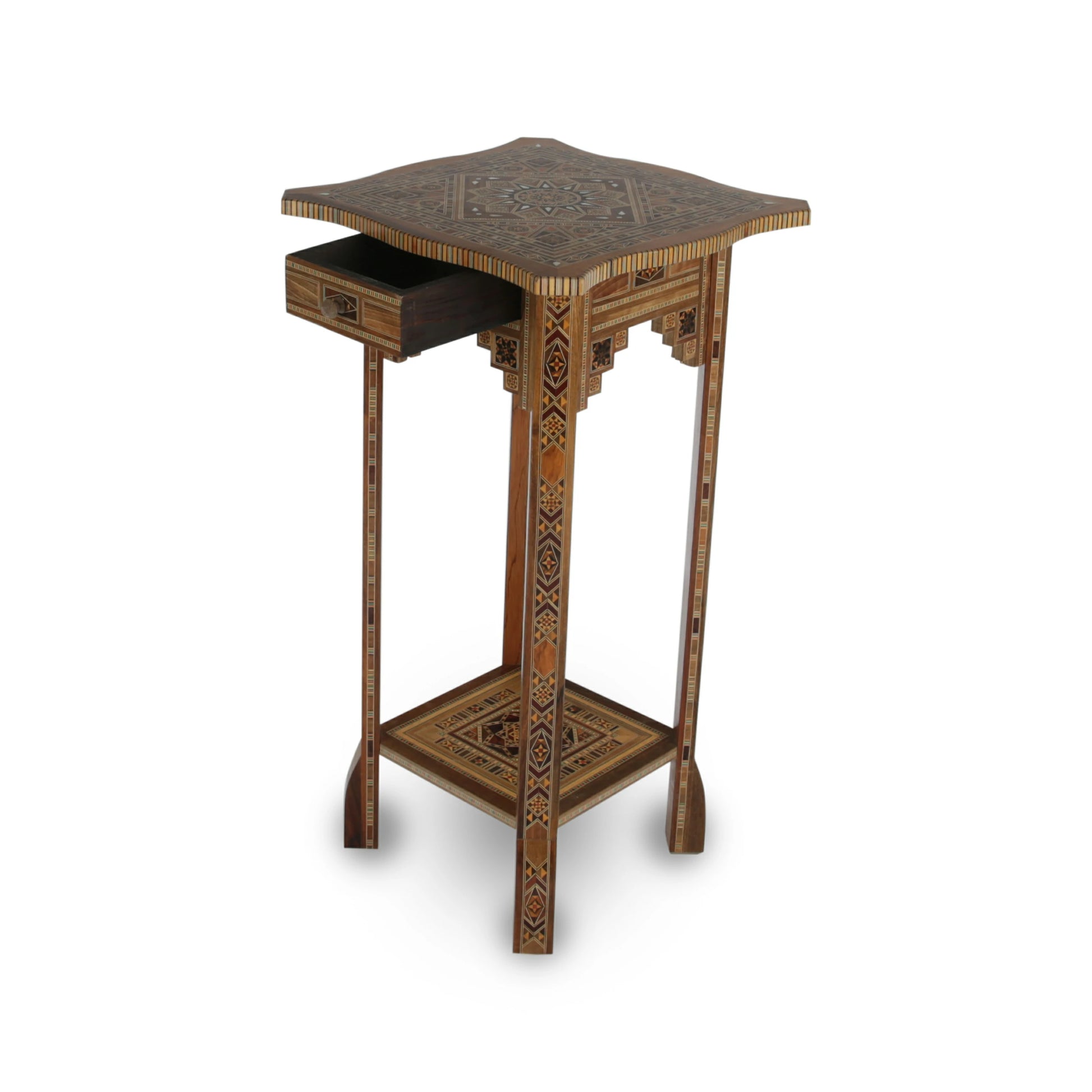 Traditional Marquetry Inlaid Two Tiered Arabian Bar Table with Storage drawer