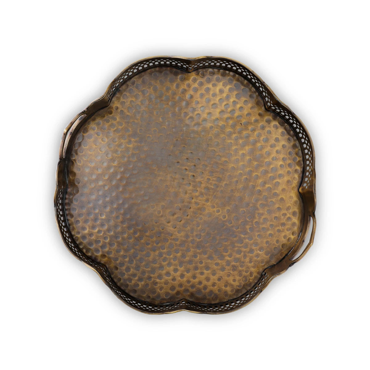 Top View of Antique Hammered Tray with arched Side railings showing raw and glossy Brass textures