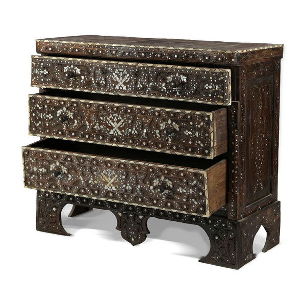 Antique Syrian Chest of Drawers handmade with Complex Carvings, Mother pearl inlays and bordered with camel bone piping's.