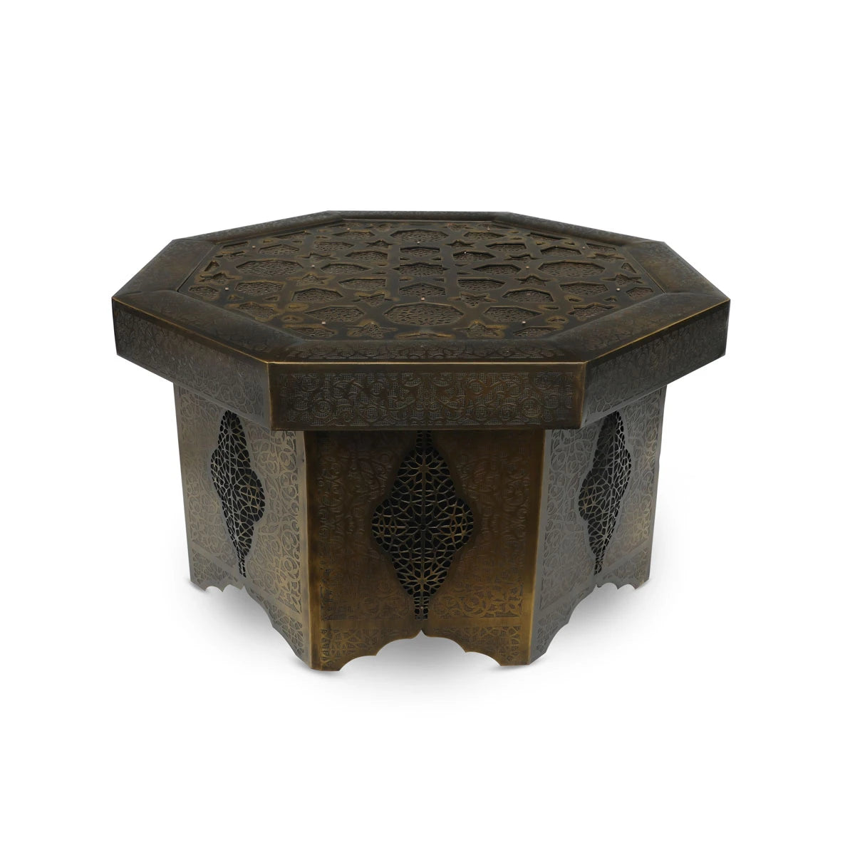 A Grand Brass Coffee Table with Handmade Hollow cut carvings and tapered with geometric patterns all over for Regal appeal