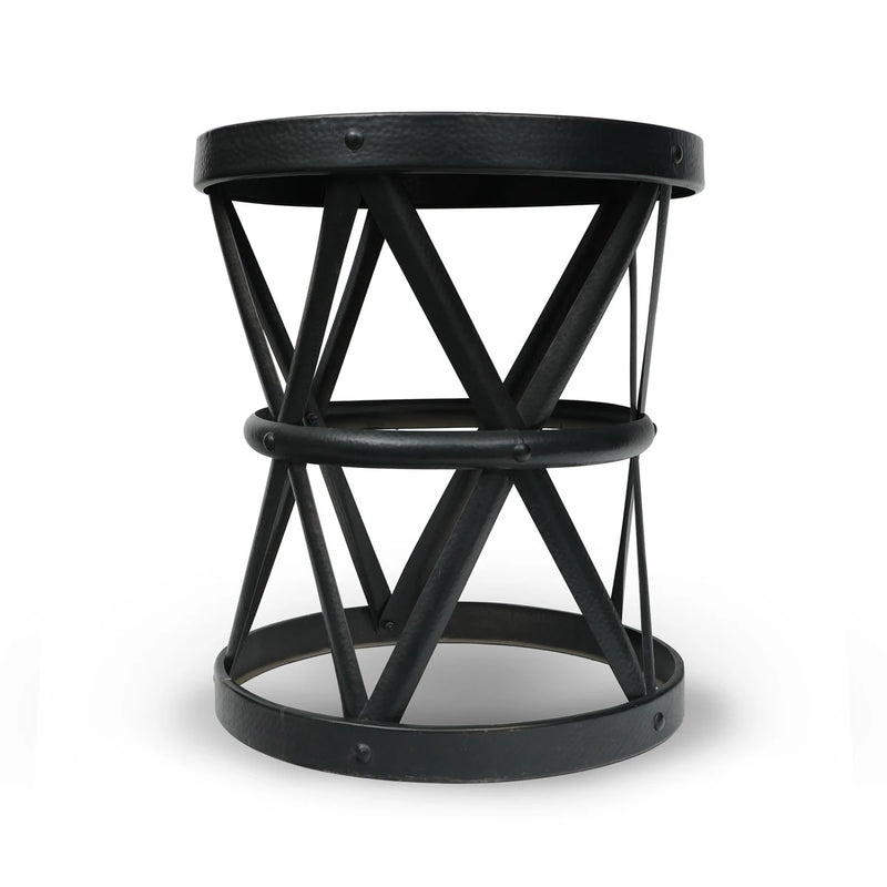A sturdy Brass Drum Table, Constructed with solid brass bars for durability and left over time for raw Brass Finish
