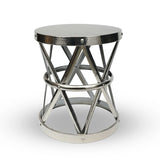 A sturdy Brass Drum Table, Constructed with solid brass bars for durability and coated with nickel for a glossy silver finish
