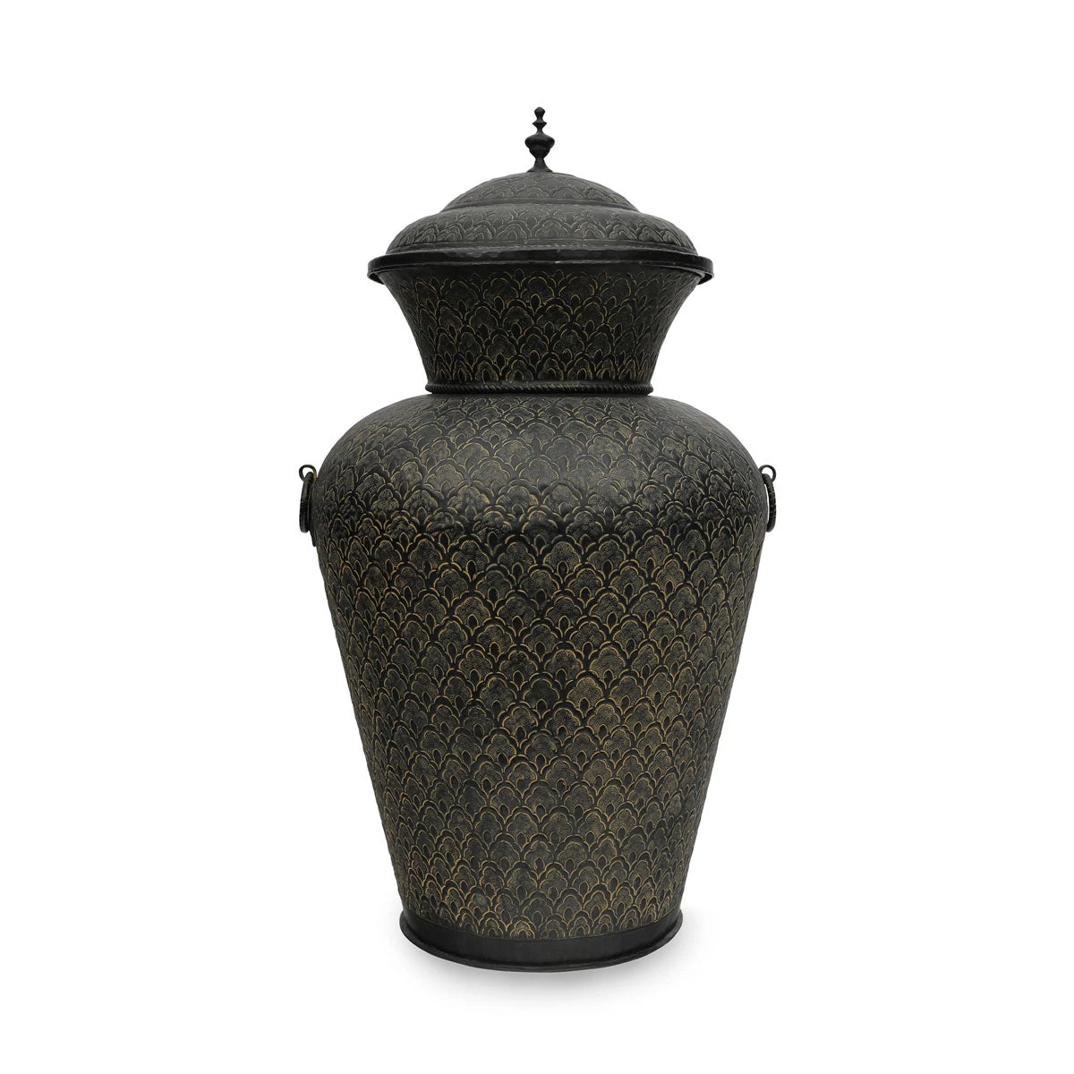 A bold Antique Jar Handmade from brass with embossed clovers in fish scale patterns, aged in time for fine patination