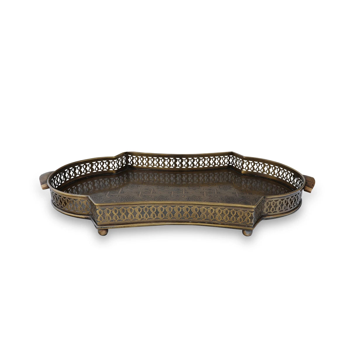 Decorative Brass Metal Tray with fine Detailing's and knobbed base, can be used for storing anything of your choice