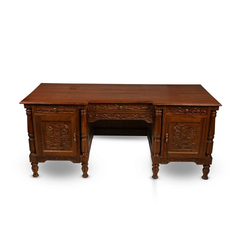 Antique Hand-Carved Wooden Desk with Storage