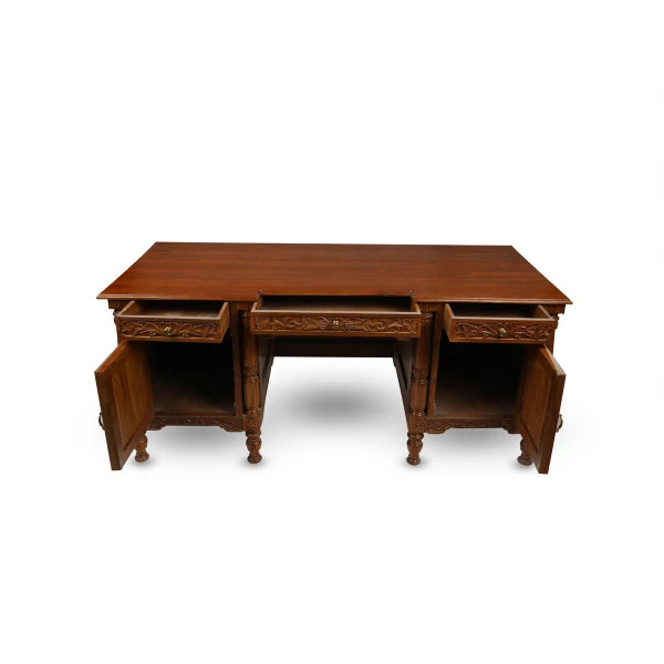 Sturdy Carved Wooden Desk with spacious Storage Drawers & Compartments