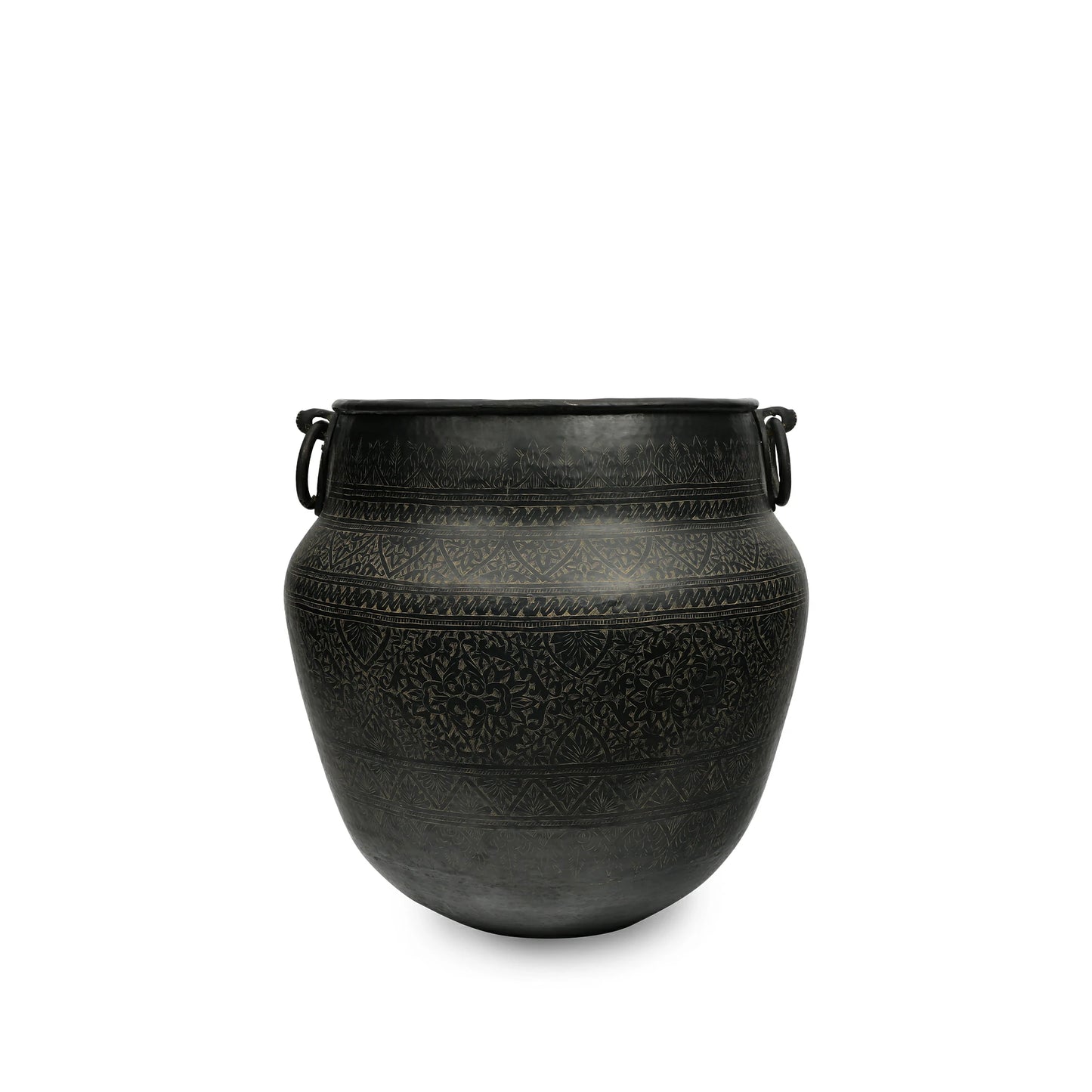 Fine Patinated Antique Brass Pot with Primitive Floral Motifs for Home Decor