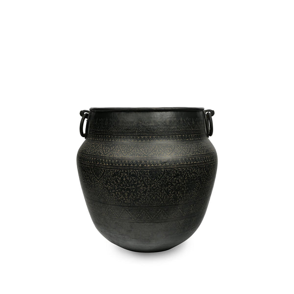 Fine Patinated Antique Brass Pot with Primitive Floral Motifs for Home Decor