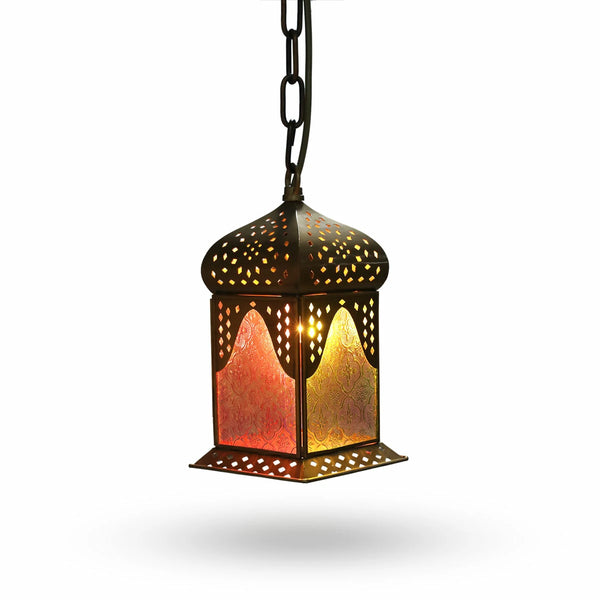 Antique Open Cut Arabic Style Brass Lantern with Colorful Engraved Frosted Glasses 