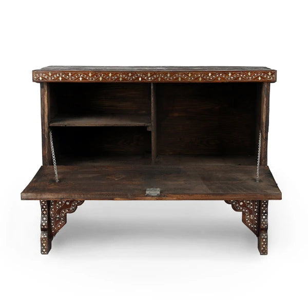 Straight view of Antique Hard Wood Console with open lid