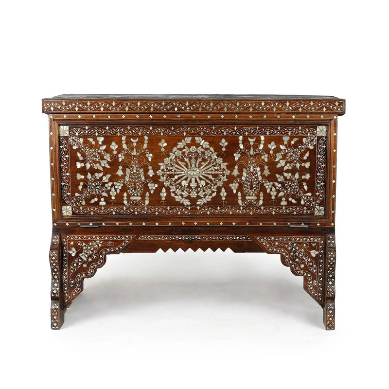 Traditionally Handmade 19th Century Antique Syrian Dowry Chest with Mother of Pearl Inlays in Ethnic Motifs