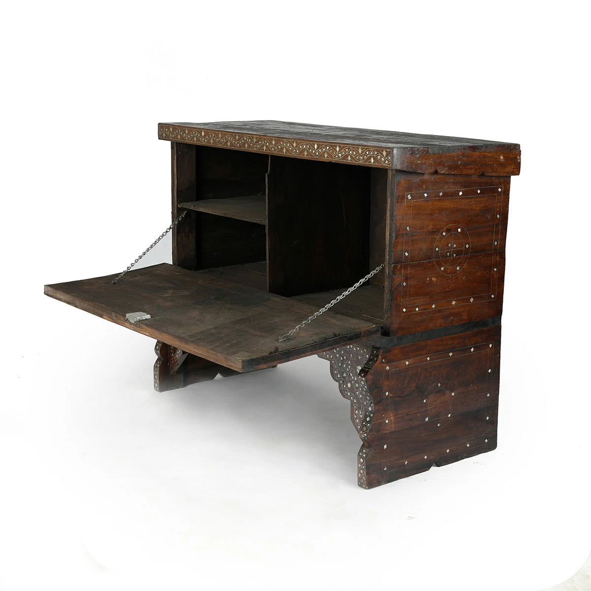 Open Angled View of Antique Hard Wood Console showcasing storage spaces