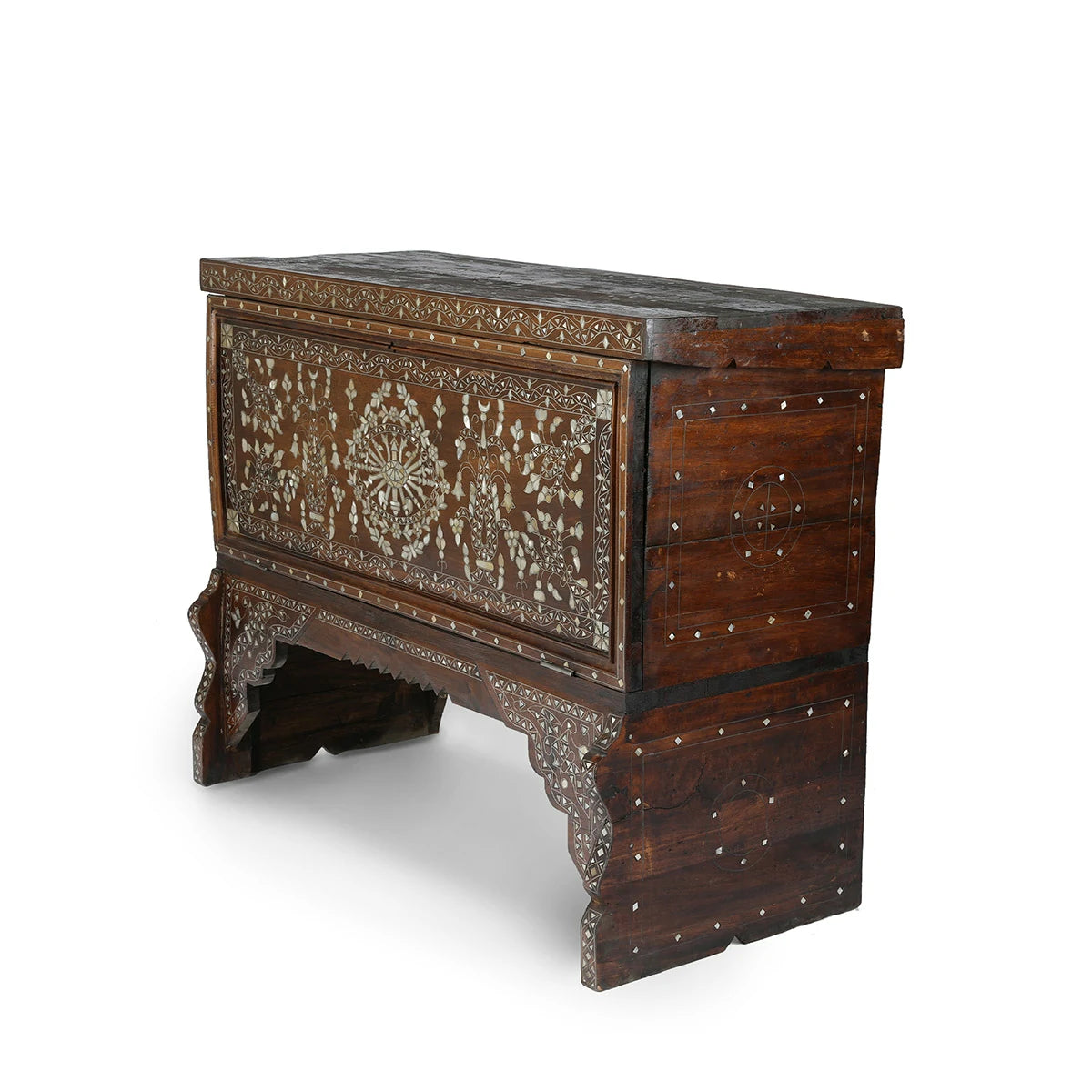 Sturdy Vintage Syrian Dowry Chest with Traditional Handmade Artistic Mother of Pearl Inlays & Engravings