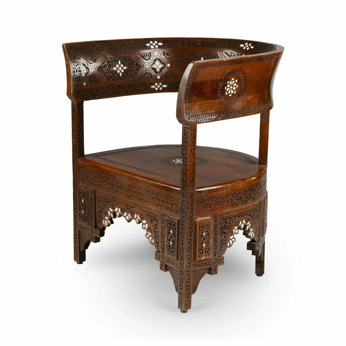 Syrian Bench with intricate handmade carvings and inlays in traditional motifs