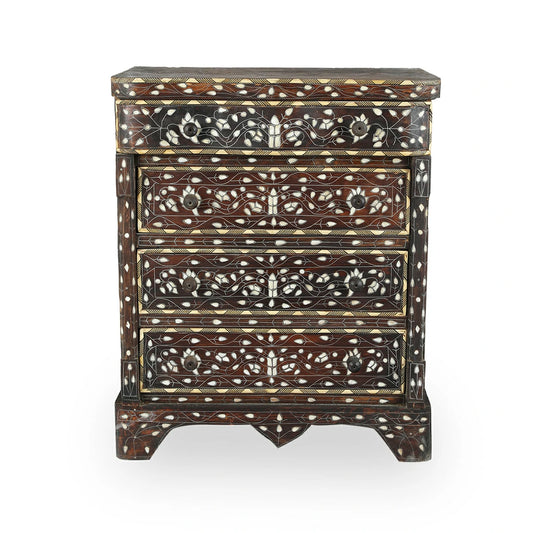 Antique Walnut Wood Levantine Chest of four Drawers with inlays of mother of pearls, camel bone & Silver Wire