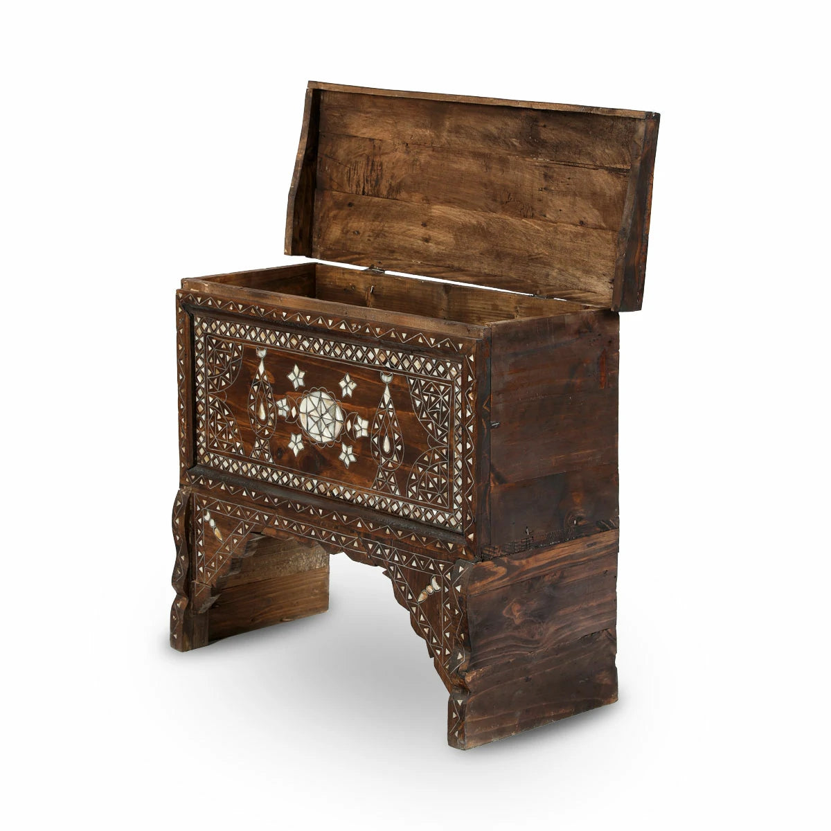 Angled View of Open Top Antique Syrian Wooden Chest Console