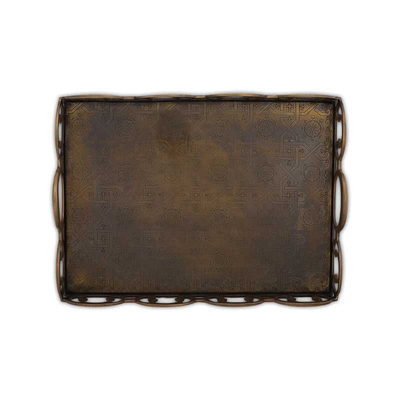Antique Brass Tray with Geometrical Engravings and  Raw Brass texture