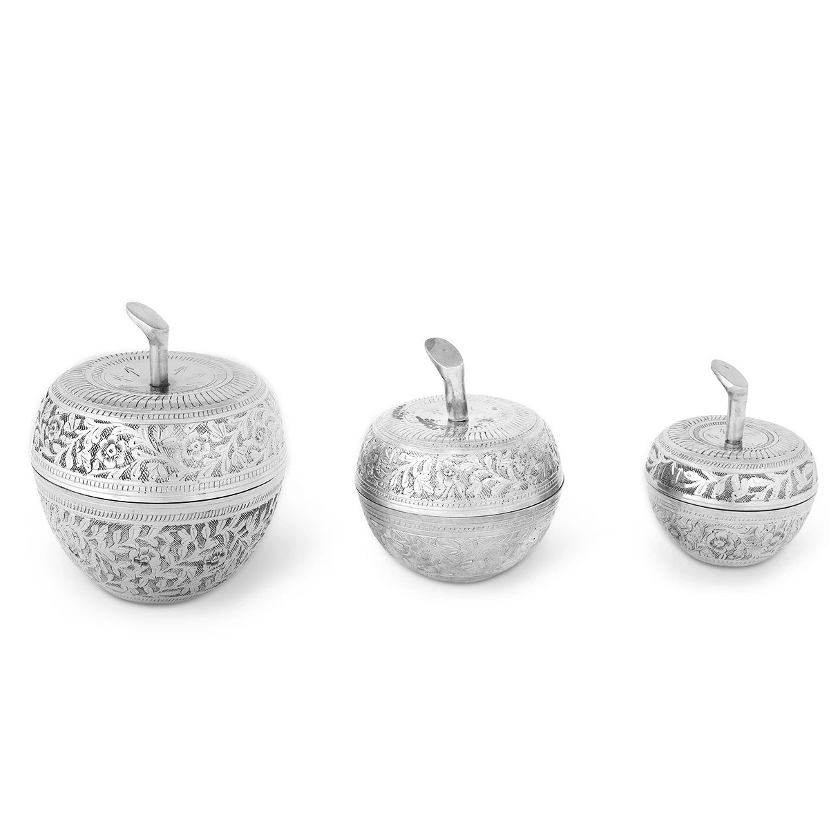 Silver Color Apple Shaped Brass Small Storage Set with Handmade Floristic engravings