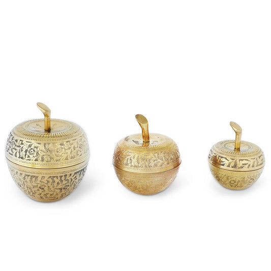 Golden Color Apple Shaped Brass Small Storage Set with Floristic Handmade engravings