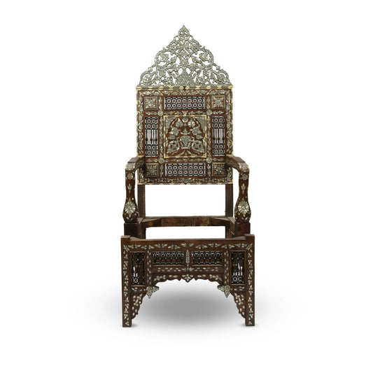 Vintage Syrian Artisan Walnut Wood Throne Chair