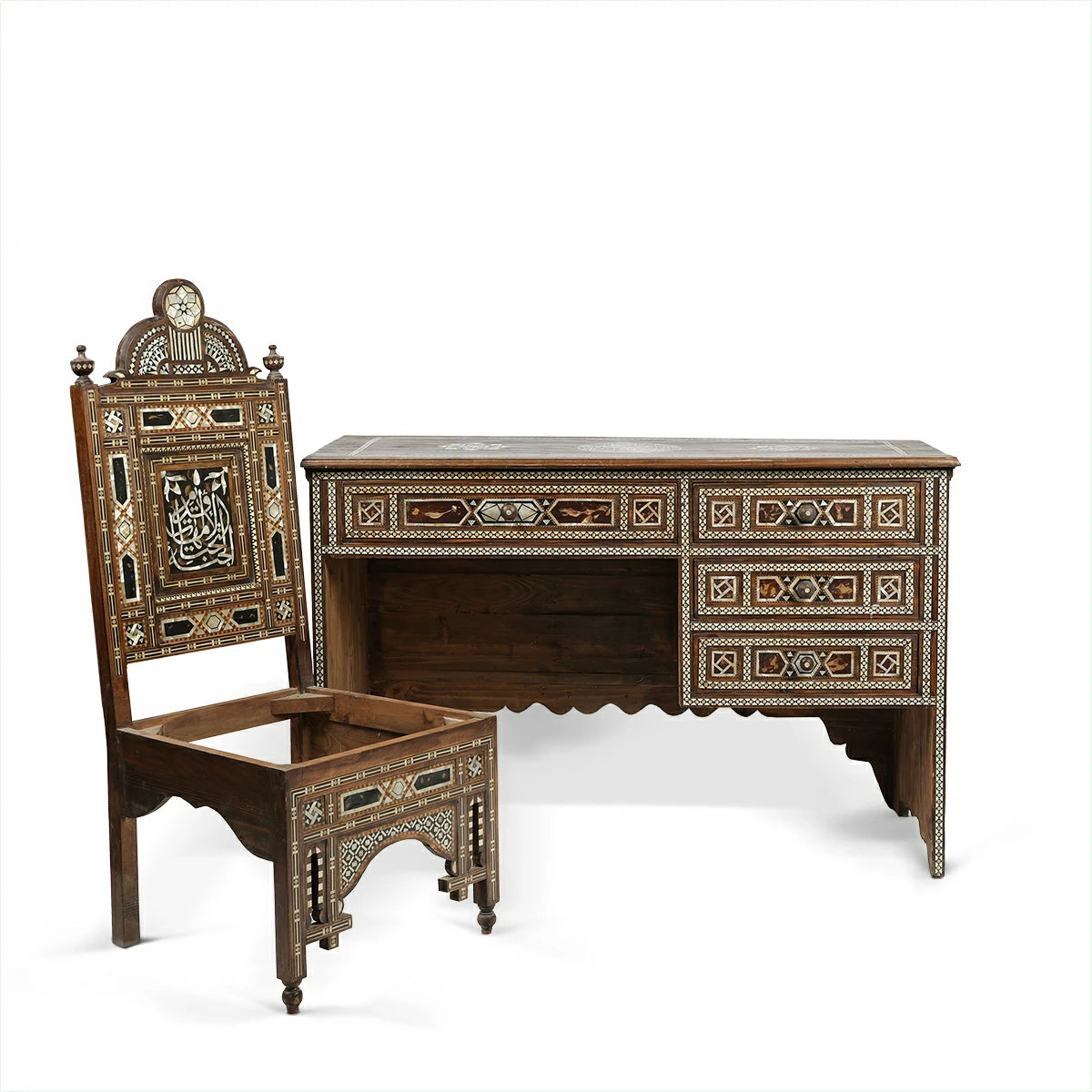 Straight View of Arabian Calligraphic Designed Desk and Chair Set