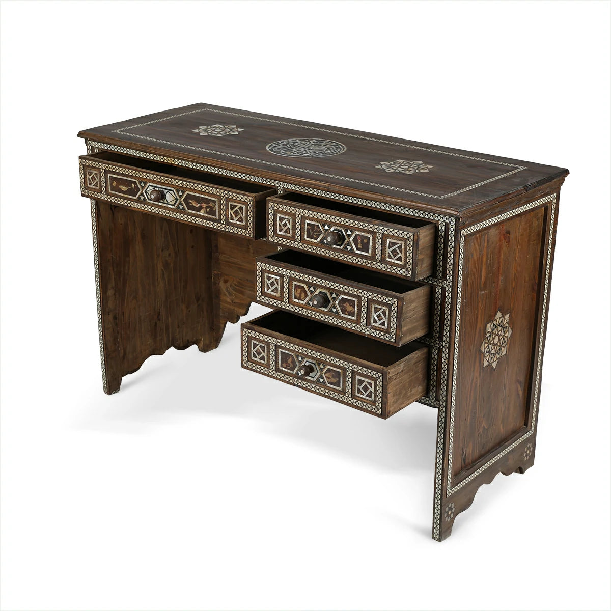 Angled Back View Of Arabian Calligraphic Motif Desk with Open Chest of Drawers