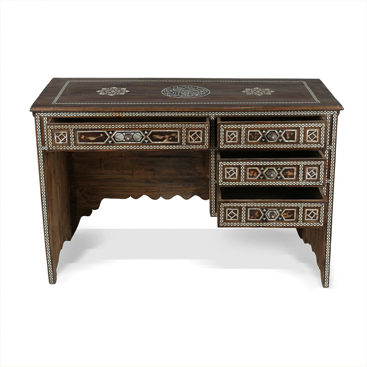 Back View of Arabian Calligraphic Design Desk With Open Drawers