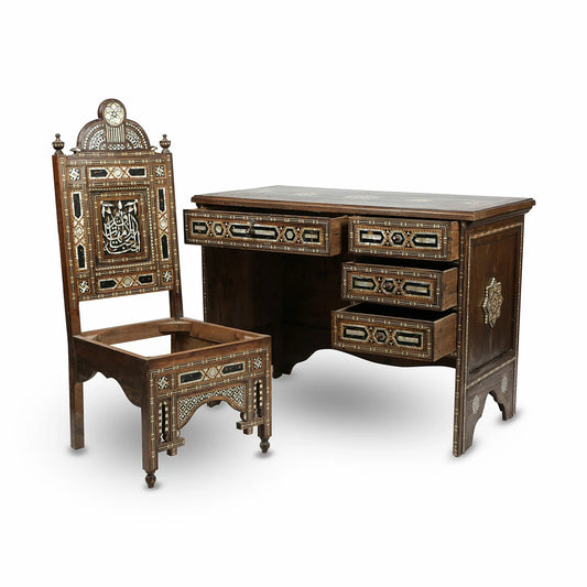 Mixed Wood Syrian Counter Desk Set with Marquetry Inlays in Traditional Motifs with Artistic Arabic Calligraphy