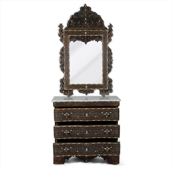 Frontal View of Arabian Mirror Console with open Chest of Drawers